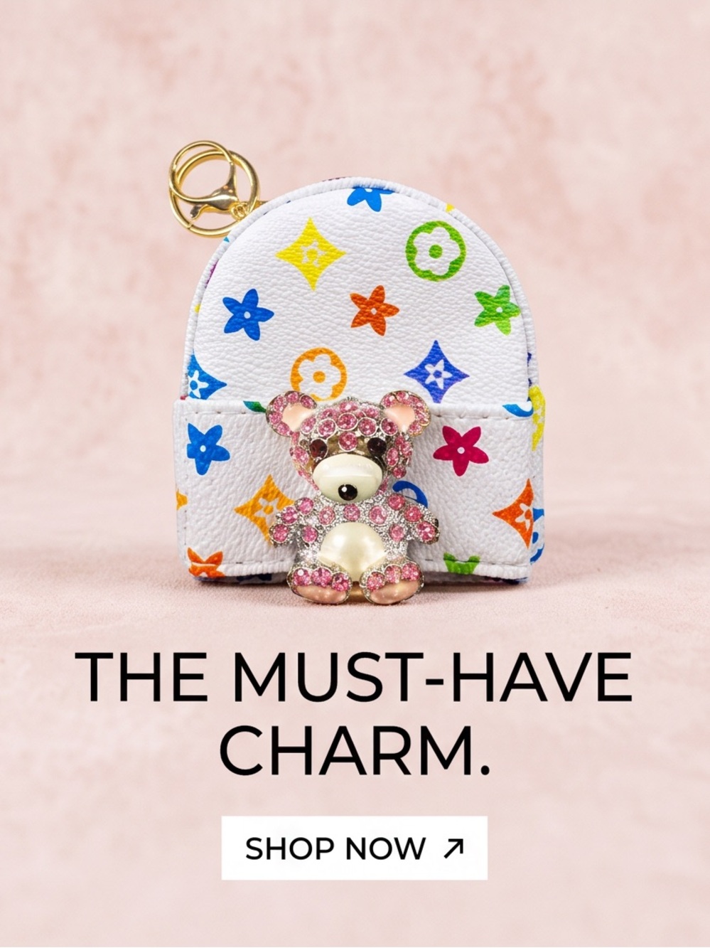 Multicolor Mini Backpack Charm with Pink Teddy Accent
